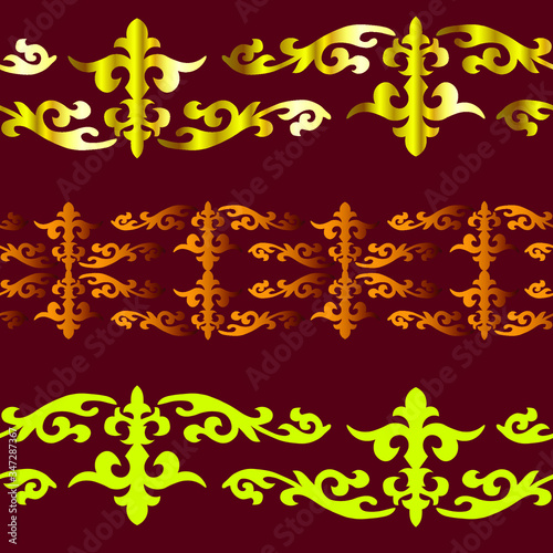 Set of 3 seamless border with motifs of Kazakh, Kyrgyz, Uzbek, national Asian decor for borders, textile, plate, tile, and print design. Workpiece for your design. 