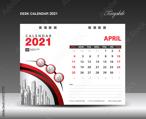 2021 Calendar design. April 2021 template. Desk calender page. week starts on sunday. planner. simple. business printing. advertiement.
 photo