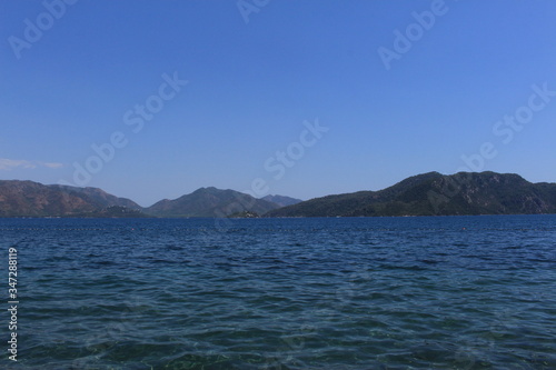 Beautiful landscape and seascape view of Keci (Goat) Island und Yildiz (Star) Island from Marmaris, Mugla in Turkey. 