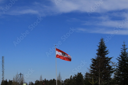 Austrian national flag is waving in the wind against blue sky background