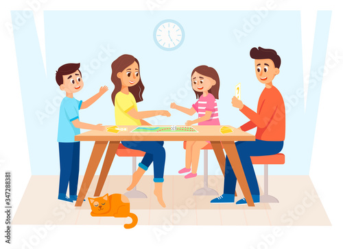 Family playing a board game. Cartoon colorful vector illustration. Stay home