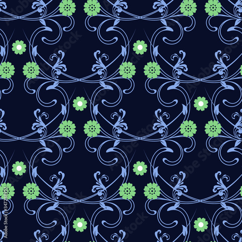 Seamless spring pattern with plant and flowers, workpiece for your design. Flowers elements and motifs. Decor for textile and print design. Vector.