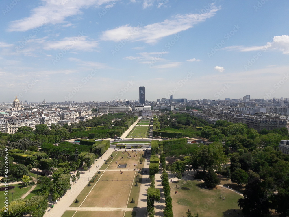 Paris France skyline and cityscape views from the observation deck of the Eiffel Tower summer 2017