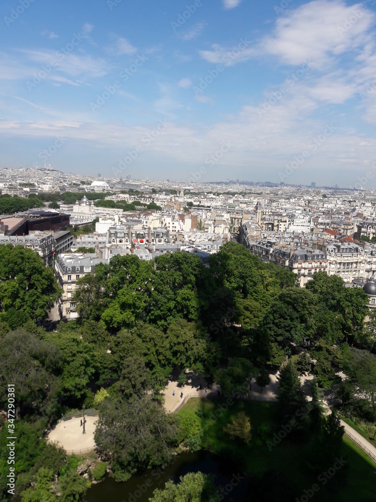 Paris France skyline and cityscape views from the observation deck of the Eiffel Tower summer 2017
