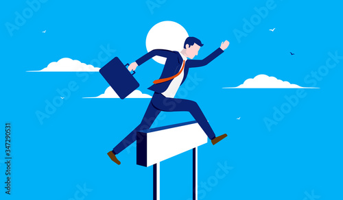 Overcome obstacle - Corporate businessman jumps over hurdle with suitcase in hand. Achieve goal, reach success and business challenge concept. Vector illustration. 