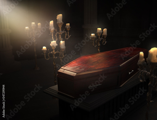 Fototapeta Naklejka Na Ścianę i Meble -  closed wood coffin with candles in a dark crypt / 3D rendering, illustration