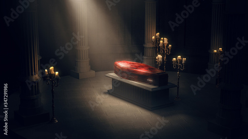 closed wood coffin with candles in a dark crypt / 3D rendering, illustration photo