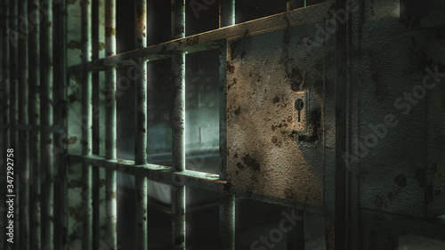 3D rendering of a dark cell door at night