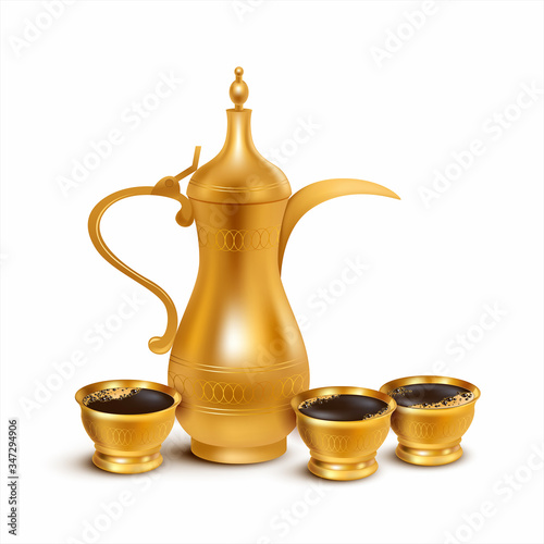 Traditional Arabic coffee pot (dallah) with cups isolated on white. Vector illustration.