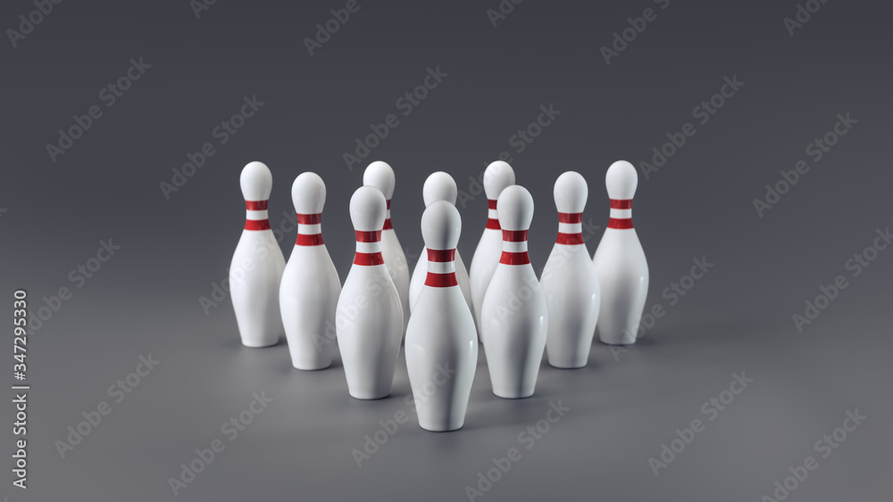 3D illustration of bowling pins on a gray background 3D illustration of bowling pins on a gray background