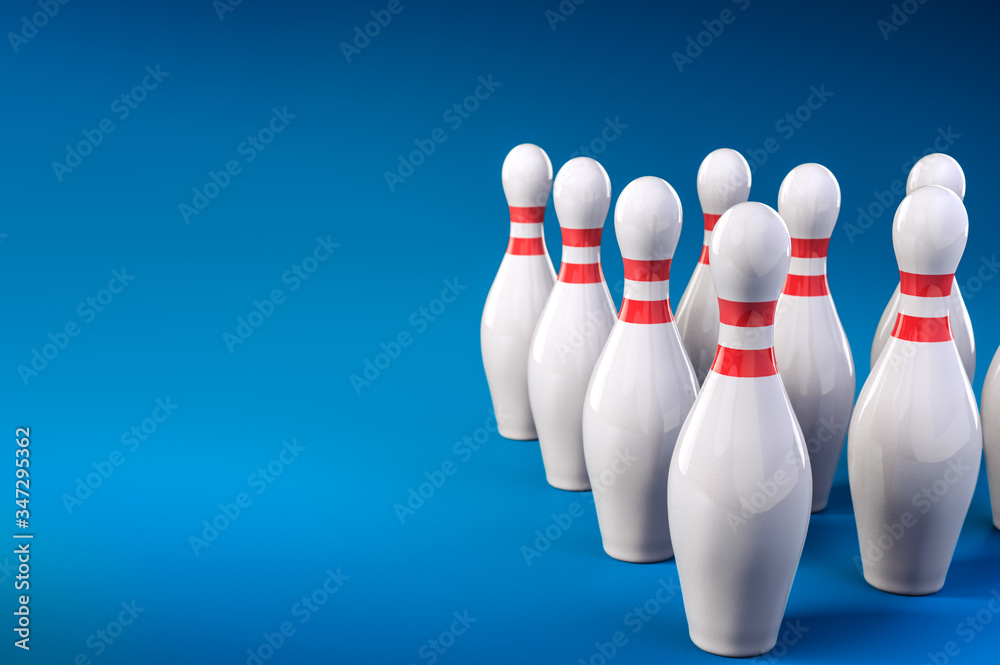 3D illustration of bowling pins in a blue background 3D illustration of bowling pins in a blue background