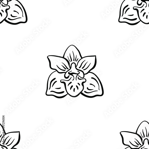 Seamless pattern witn orchid. Hand drawn black line sketch of tropical flowers and leaves isolated on white background. Vector illustration