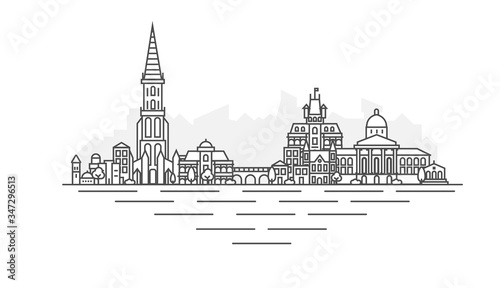 Bern City, Switzerland architecture line skyline illustration. Linear vector cityscape with famous landmarks, city sights, design icons, with editable strokes isolated on white background.