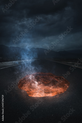 photo composite of a hole in the middle of a road
