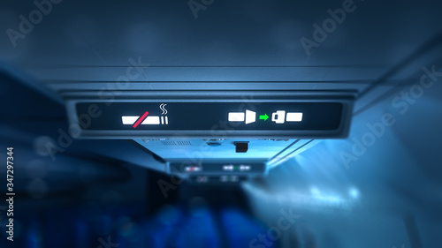 no smoking and fasten seatbelts signs inside an airplane, 3D rendering