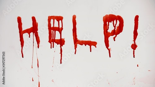 Word help written in blood on glass. Blood streams dripping down on white background. Bloody red drops flow down surface photo
