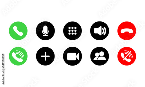 Mobile call buttons icons set flat. Phone, sound, microphone, camera, call symbols on isolated white background for applications, web, app. Set of communication icons. EPS 10 vector