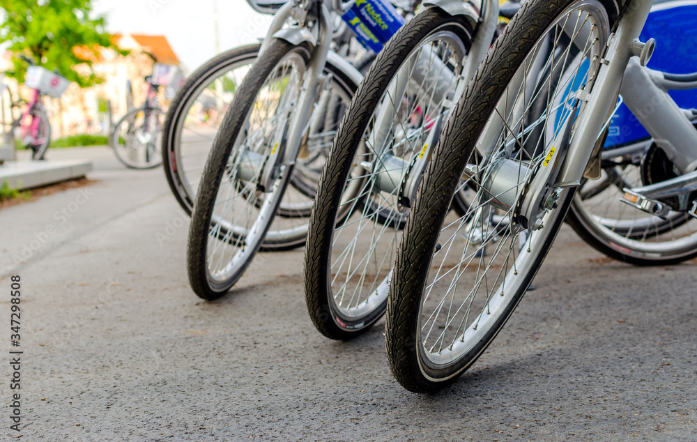 Bicycles for hire on a sunny day.