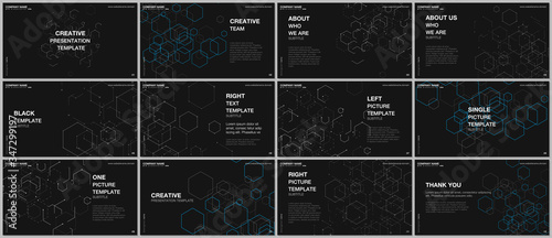 Presentation design vector templates, multipurpose template for presentation slide, flyer, brochure cover design. Hexagonal molecule structure for medical, technology, chemistry, science concepts.