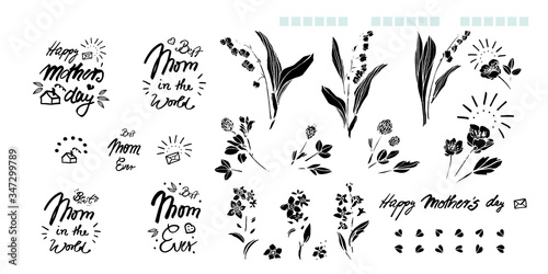 Mothers day hand lettering calligraphy tatoo flower set, greeting card, black text, word, doodle, icon. Linocut, tatoo style. Handwritten modern brush lettering white background isolated vector