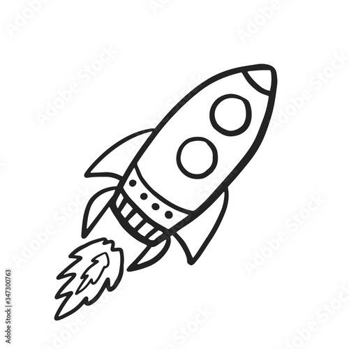 Rocket Spaceship. Vector doodle spaceship in doodle style. Flying rocket on white background