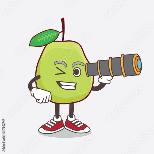 Guava Fruit cartoon mascot character using a monocular