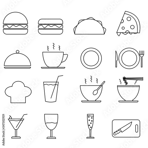Flat design draw outline set food icon, stroke line food icon equipment, set icon restaurant food and drink equipment 
