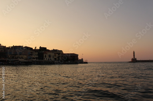 Lighthouse in the old Venetian Harbor of Chania, in Crete Island, Greece.