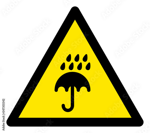 Vector rain umbrella flat warning sign. Triangle icon uses black and yellow colors. Symbol style is a flat rain umbrella hazard sign on a white background. Icons designed for notice signals,