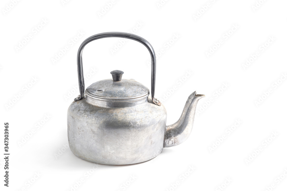 Old dirty aluminum kettle on white background. Old dirty aluminum kettle on white background.