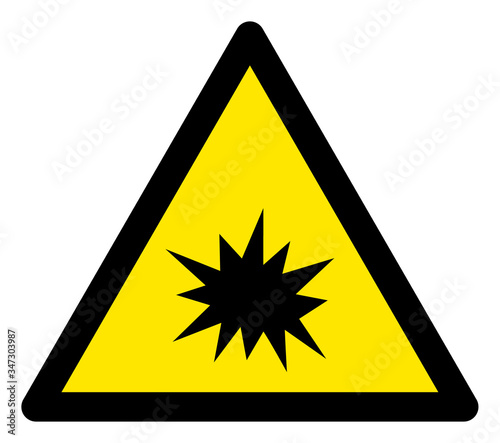 Vector boom flat warning sign. Triangle icon uses black and yellow colors. Symbol style is a flat boom attention sign on a white background. Icons designed for notice signals, road signs,