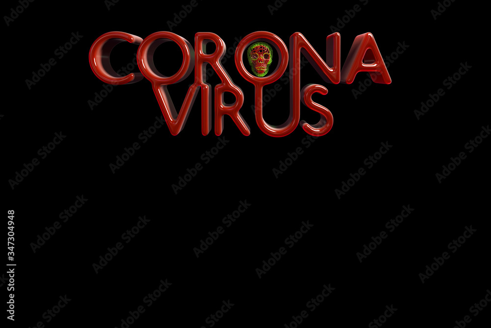 Coronavirus COVID-19 inscription with stylized skull. Epidemic condition SARS-CoV-2. 3d illustration with Copyspace for your text isolated on black background