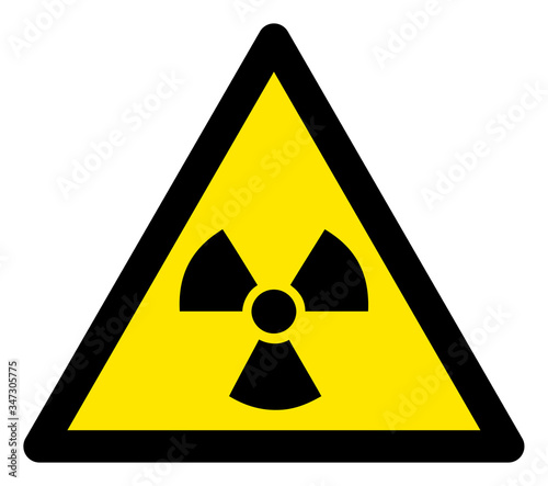 Vector radioactive flat warning sign. Triangle icon uses black and yellow colors. Symbol style is a flat radioactive attention sign on a white background. Icons designed for problem signals,