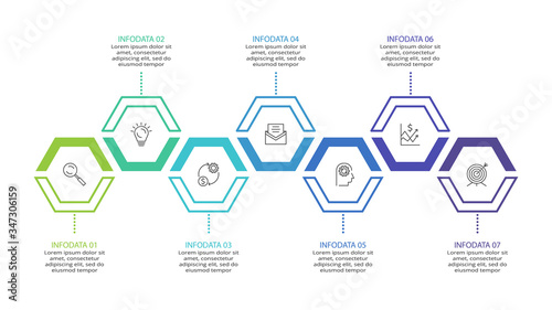 Business data visualization. Process chart. Elements of graph, diagram with 7 steps, options, parts or processes.