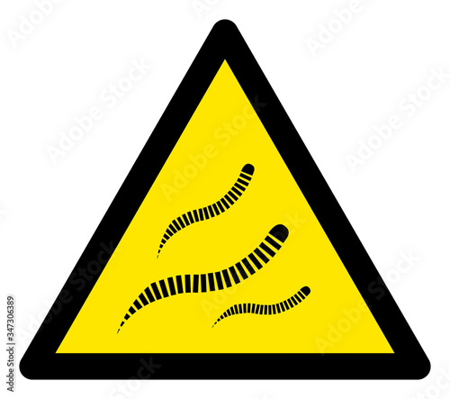 Vector helminth worms flat warning sign. Triangle icon uses black and yellow colors. Symbol style is a flat helminth worms attention sign on a white background. Icons designed for caution signals,