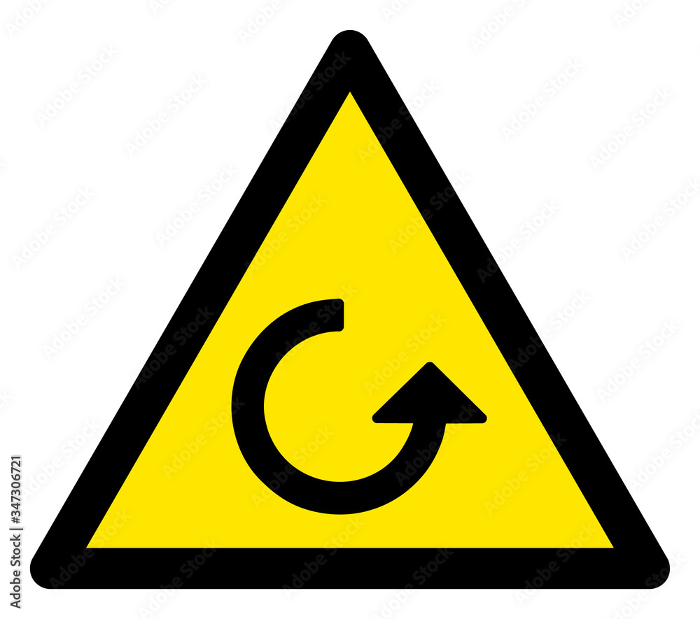 Vector rotation flat warning sign. Triangle icon uses black and yellow colors. Symbol style is a flat rotation attention sign on a white background. Icons designed for notice signals, road signs, Vector rotation flat warning sign. Triangle icon uses black and yellow colors. Symbol style is a flat rotation attention sign on a white background. Icons designed for notice signals, road signs,