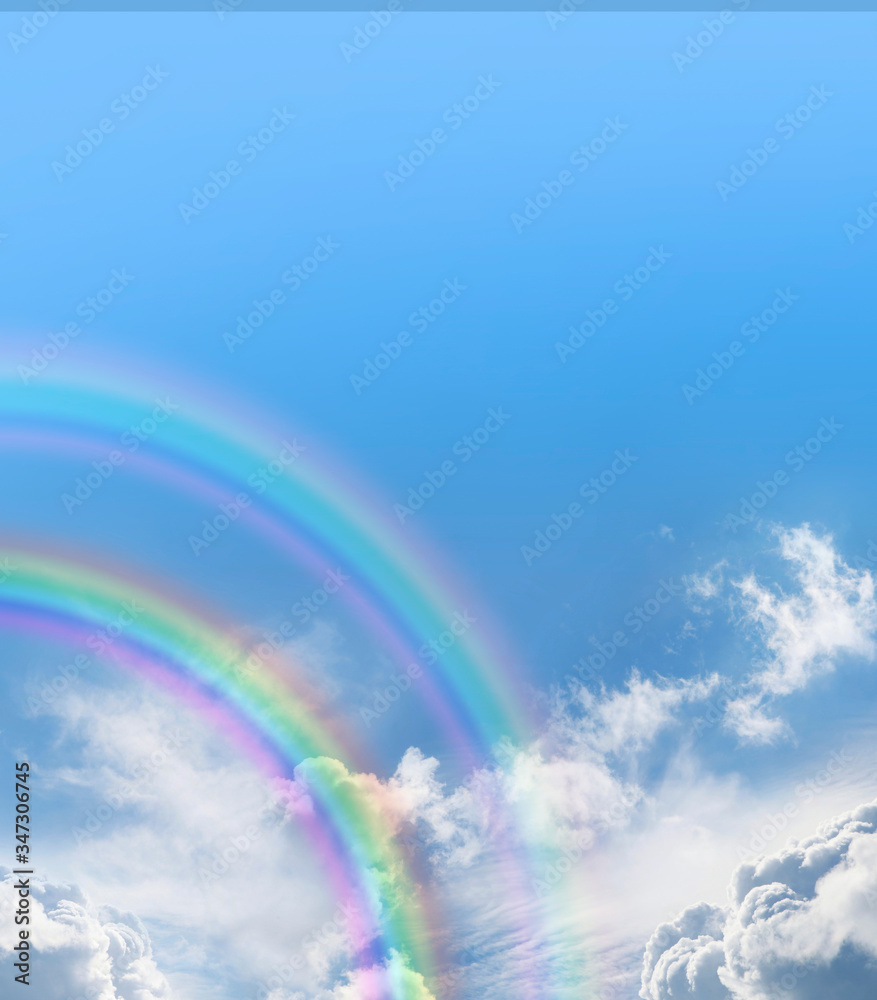 Double Rainbow Blue Sky Message Background - two beautiful rainbow arcs on left, blue sky above and fluffy clouds below creating copy space background for special messages
Double Rainbow Blue Sky Message Background - two beautiful rainbow arcs on left, blue sky above and fluffy clouds below creating copy space background for special messages