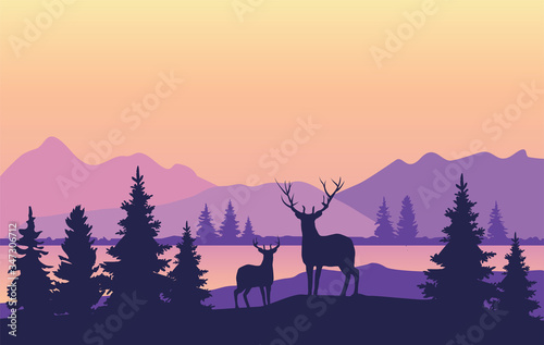 Vector Mountains Background with Deer © peony