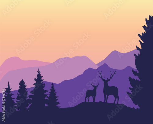 Vector Mountains Background with Deer © peony