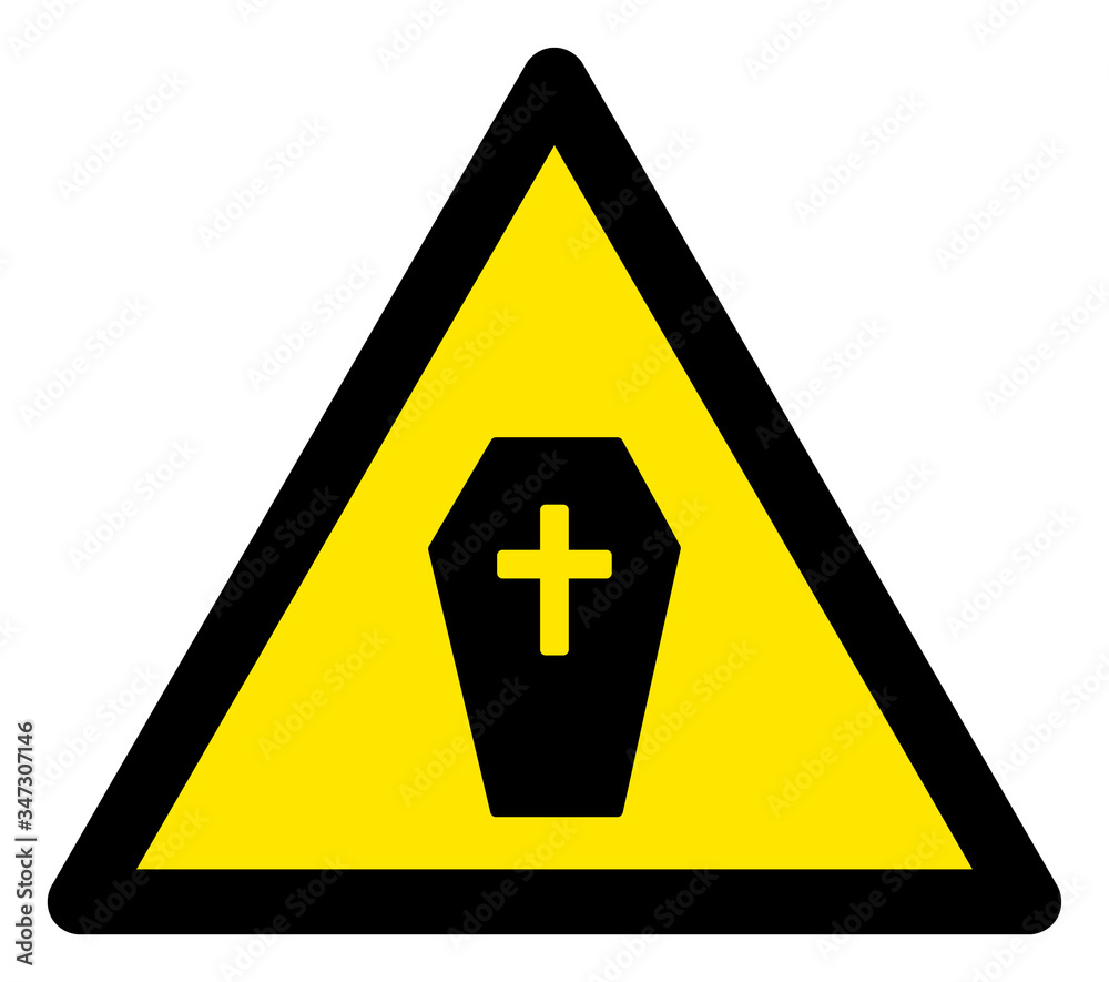 Vector coffin flat warning sign. Triangle icon uses black and yellow colors. Symbol style is a flat coffin hazard sign on a white background. Icons designed for careful signals, road signs, Vector coffin flat warning sign. Triangle icon uses black and yellow colors. Symbol style is a flat coffin hazard sign on a white background. Icons designed for careful signals, road signs,
