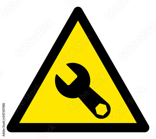 Vector wrench flat warning sign. Triangle icon uses black and yellow colors. Symbol style is a flat wrench hazard sign on a white background. Icons designed for problem signals, road signs,