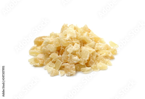 Dried dehydrated pineapple. Candied pineapple fruit isolated on white.
