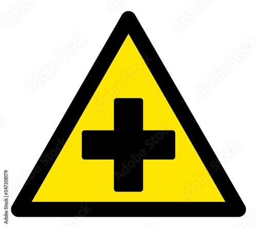 Vector medical help flat warning sign. Triangle icon uses black and yellow colors. Symbol style is a flat medical help hazard sign on a white background. Icons designed for caution signals,