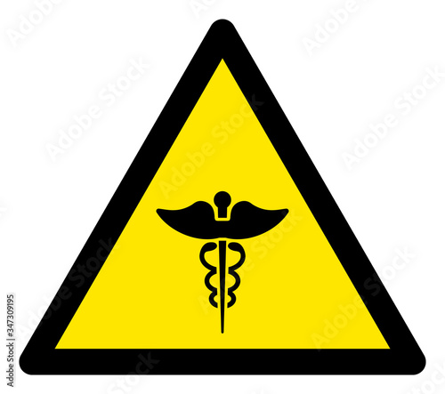 Vector medic caduceus flat warning sign. Triangle icon uses black and yellow colors. Symbol style is a flat medic caduceus attention sign on a white background. Icons designed for caution signals, photo