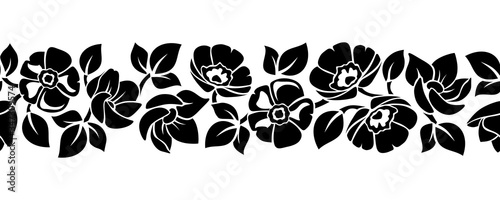 Vector horizontal seamless black and white border with flowers silhouettes.