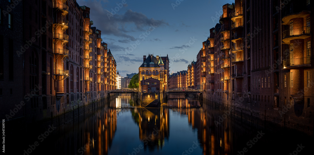 The warehouse district (Speicherstadt) of Hamburg in the early evening