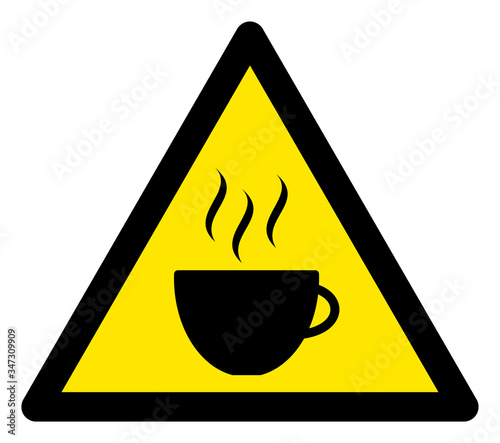 Vector coffee cup flat warning sign. Triangle icon uses black and yellow colors. Symbol style is a flat coffee cup hazard sign on a white background. Icons designed for problem signals, road signs,