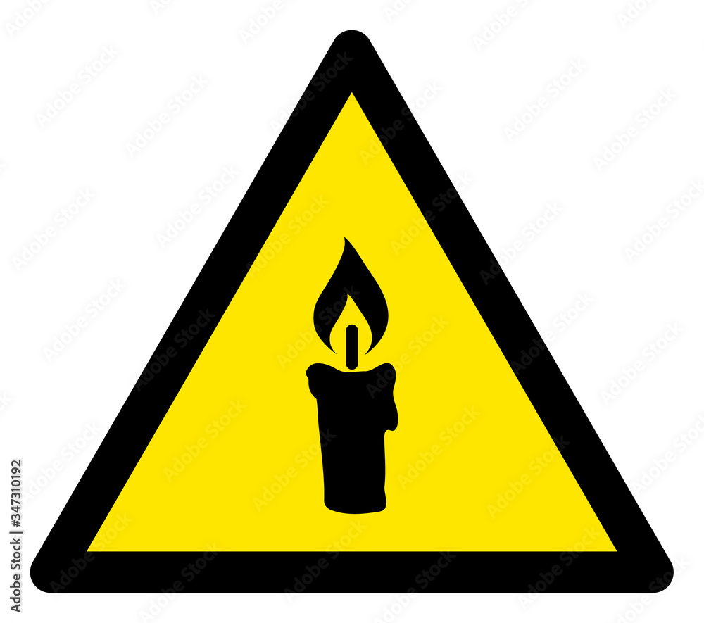 Vector candle flat warning sign. Triangle icon uses black and yellow