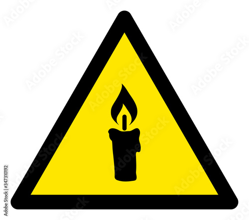 Vector candle flat warning sign. Triangle icon uses black and yellow colors. Symbol style is a flat candle hazard sign on a white background. Icons designed for problem signals, road signs,