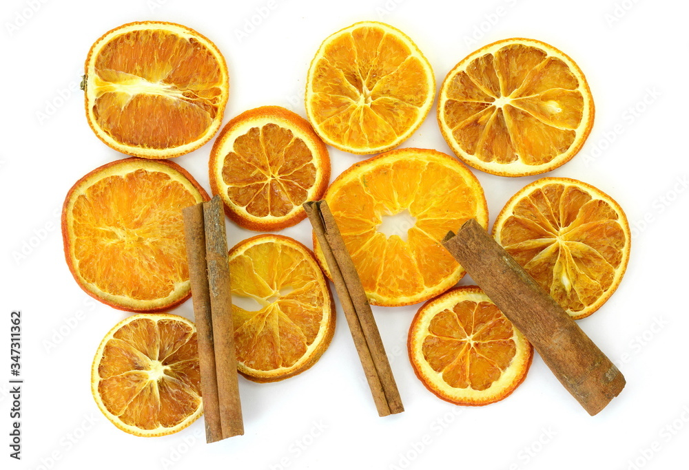Dried orange slices from above on white background Dried orange slices from above on white background